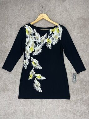 Style & Co Long Sleeve Top Women’s Petite Medium PM Black White Feathers Tunic